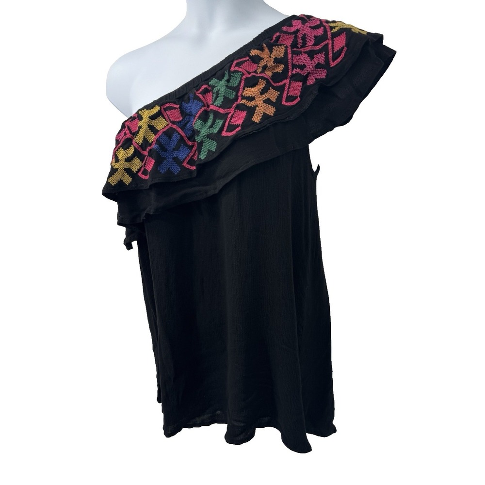 Velzera Embroidered black‎ off the shoulder ruffle blouse festival beach resort